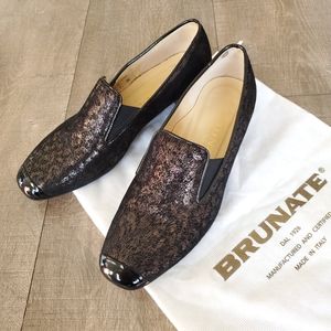Brunate Women's Slip On Italian Loafers Black Metallic Shimmer Size 6